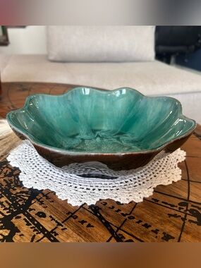 Vintage Blue Mountain Pottery Scalloped Serving Bowl | Turquoise Drip Glaze